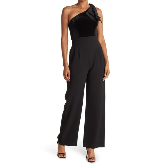 Eliza J Pants - Eliza J One-Shoulder Bow Velvet Bodice Jumpsuit - Black - 12 Regular - NWT
